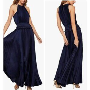 NWT BCBG MAXAZRIA SATINPLISSE PLEATED MAXI GOWN DRESS NAVY SIZE S